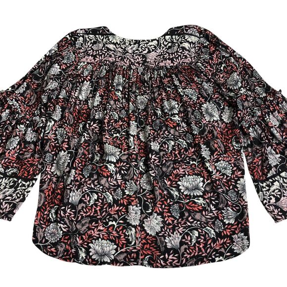 Love Stitch Top Women M Black Floral Metallic Wrap Cross Over Bell Sleeve Boho - Picture 12 of 16